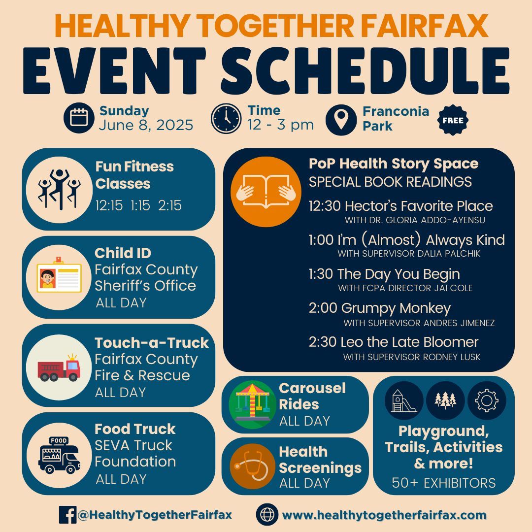 🌟 Join us for Healthy Together Fairfax 2025 — a free community event focused on total wellness!

🗓️ Sun, June 8 | 🕛 12–3 PM
📍 Franconia Park, Alexandria

🔗 Details: healthytogetherfairfax.com
#HealthyTogetherFairfax #HTF2025 #WellnessForAll #FairfaxCounty