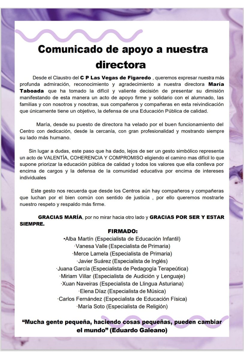 Comunicado de apoyo a la dirección del CP Las Vegas de Figaredo 
#huelgadocenteasturiana
<a href="/AdrianBarbon/">🌹 Adrián Barbón 💙💛</a> 
<a href="/asturdocentes/">Asturdocentes Al Frente</a> 
<a href="/GimenaLlamedo/">Gimena Llamedo</a>