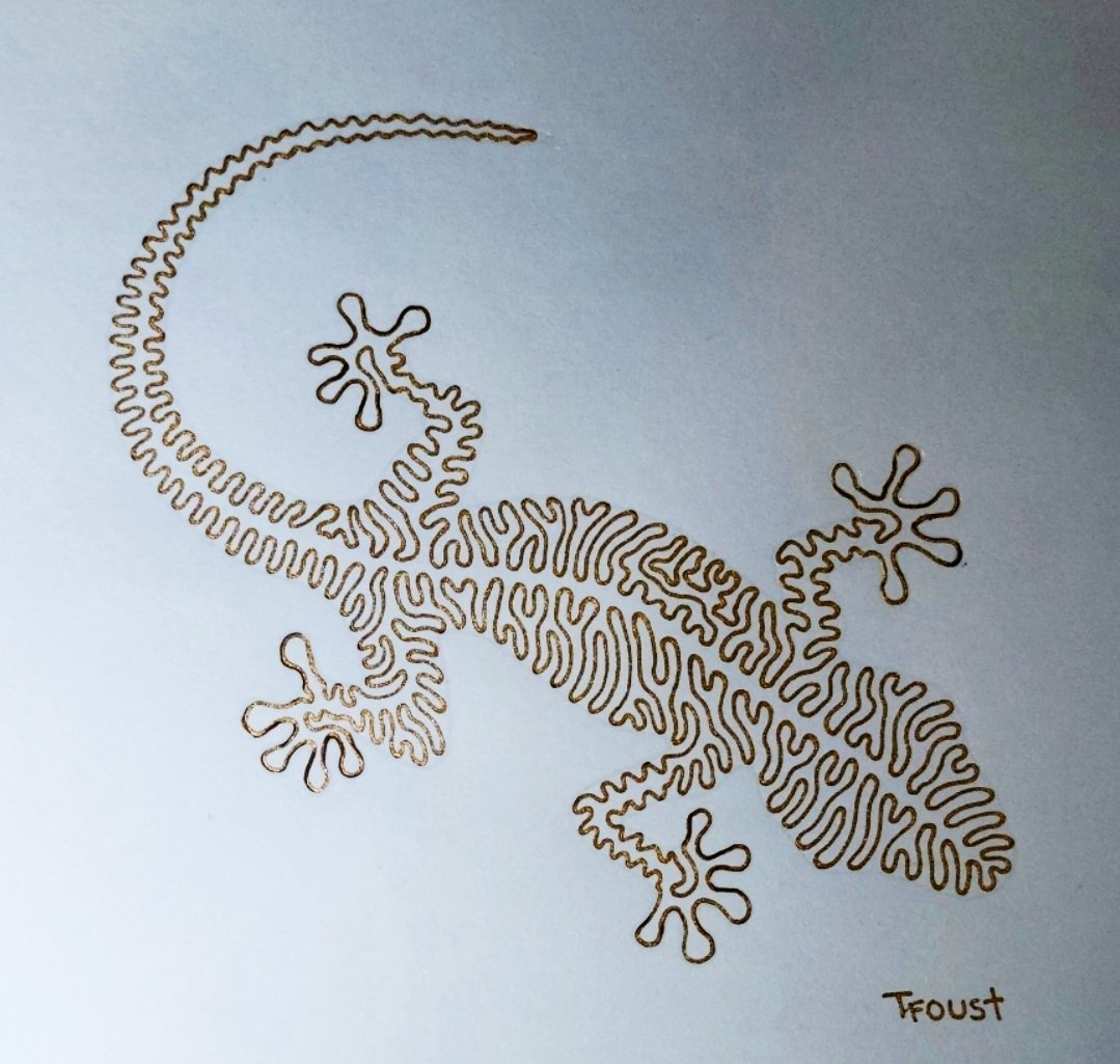 TylerFoust13's tweet image. I am going to reward the first person who can duplicate my style using only prompts with AI. I will mail you original art.
Have it do a Gecko. It has to be one single line or loop that does not intersect itself. It cannot simply be an outline.
I am convinced AI can't do it