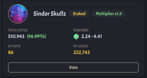 We've allocated 250K+ EXO votes to <a href="/SinderSkullz/">Sinder Skullz</a> 

Starting Monday, and for the next 2 weeks, stakers on @cardanolands will receive a 1.5x multiplier on HEXO rewards.

Cardano Lands has an awesome staking platform and a ton of projects have partnered with them for additional