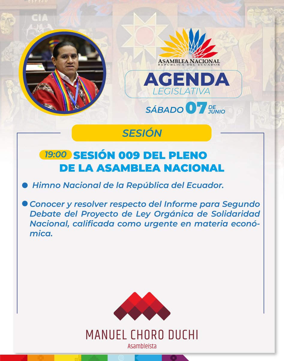 Compartimos la agenda legislativa prevista para el día de hoy.
Estaremos presentes en el Pleno para el debate de la Ley Orgánica de Solidaridad Nacional, calificada como urgente en materia económica.
#ManuelChoroDuchiAsambleísta
#AsambleaNacional
#Pachakutik
#Cañar