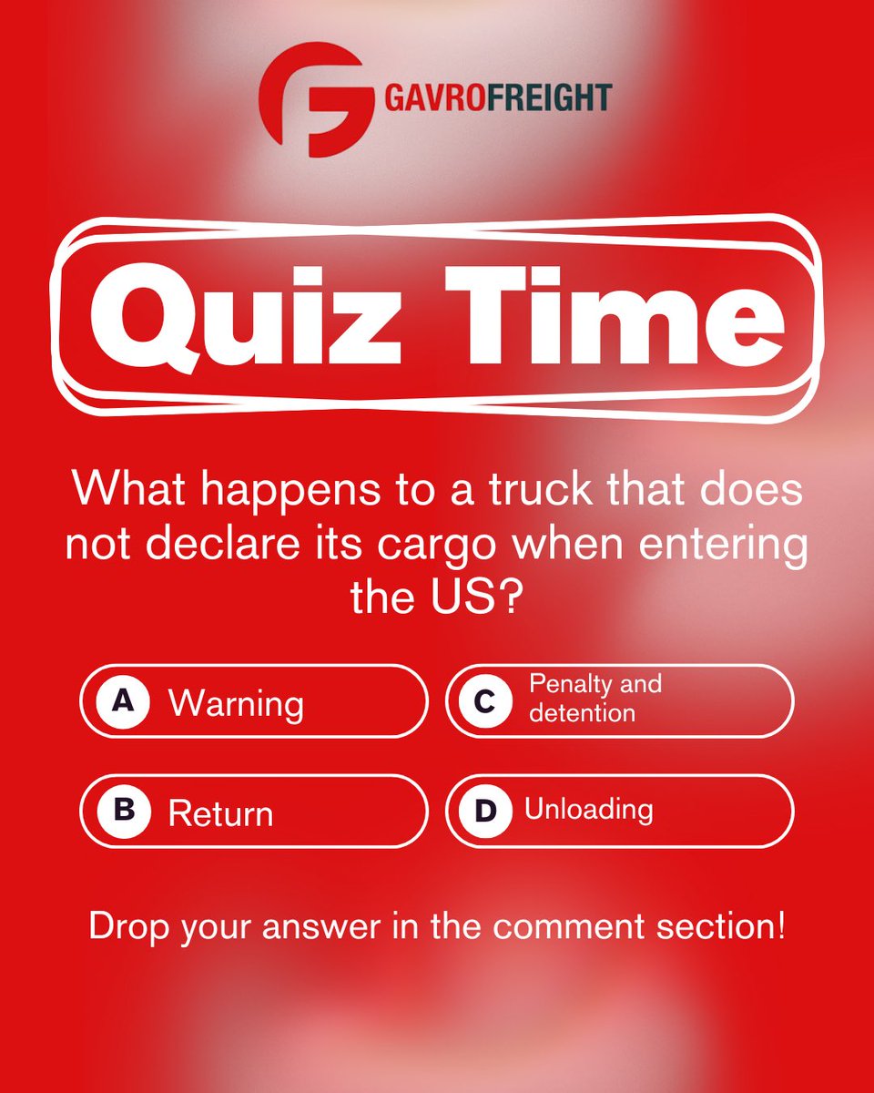 gavrofreight's tweet image. 🚛📦 Border rules aren’t just formalities — they’re critical.

What happens if a truck enters the U.S. without declaring its cargo? 🤔

Let’s test your knowledge! 👇

#GavroFreight #LogisticsQuiz #CrossBorderTransport #TruckersLife #FreightCompliance #CustomsMatters