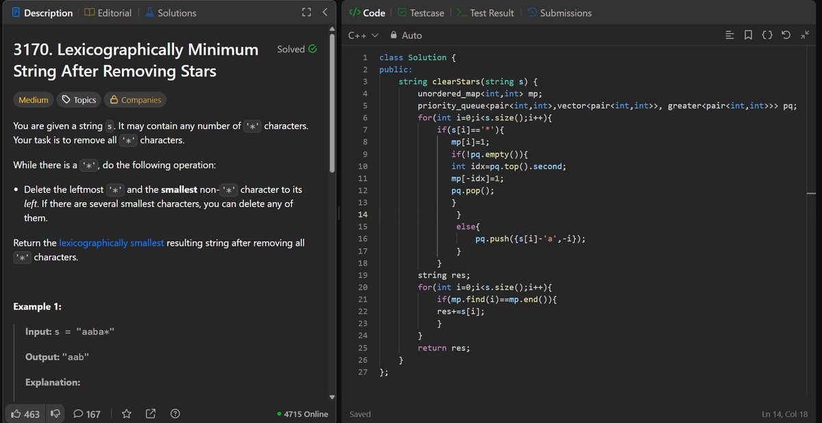 epiphany1113520's tweet image. Day 111 of #200DaysOfCode
- LeetCode POTD. First i tried using vector to store which elements to include/exclude, but it was more time consuming, so used min heap & map
- Gave biweekly contest (1/4), in 2nd question, couldn't figure out 1 edge case 😶
- Now working on backend dev