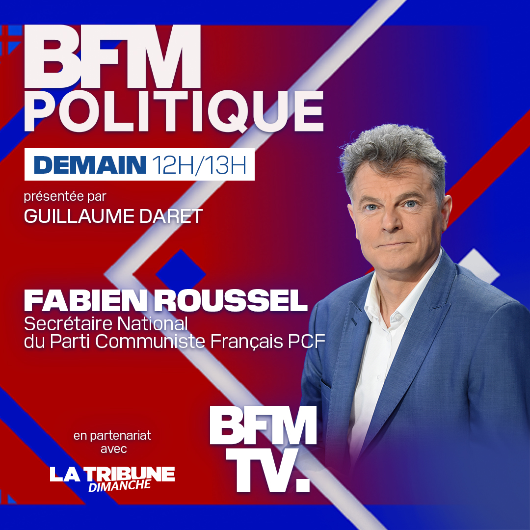 La Tribune Dimanche (@tribunedimanche) on Twitter photo 📺 🔴 <a href="/BFMPolitique/">BFM Politique</a>, c'est demain de 12h à 13h sur <a href="/BFMTV/">BFMTV</a> !
<a href="/Fabien_Roussel/">Fabien Roussel</a>, secrétaire national du <a href="/PCF/">PCF</a>, est l'invité de <a href="/GuillaumeDaret/">Guillaume Daret</a> et de toute l'équipe.
🤝 Une émission en partenariat avec La <a href="/TribuneDimanche/">La Tribune Dimanche</a>. #BFMPolitique 📺 🔴 <a href="/BFMPolitique/">BFM Politique</a>, c'est demain de 12h à 13h sur <a href="/BFMTV/">BFMTV</a> !
<a href="/Fabien_Roussel/">Fabien Roussel</a>, secrétaire national du <a href="/PCF/">PCF</a>, est l'invité de <a href="/GuillaumeDaret/">Guillaume Daret</a> et de toute l'équipe.
🤝 Une émission en partenariat avec La <a href="/TribuneDimanche/">La Tribune Dimanche</a>. #BFMPolitique