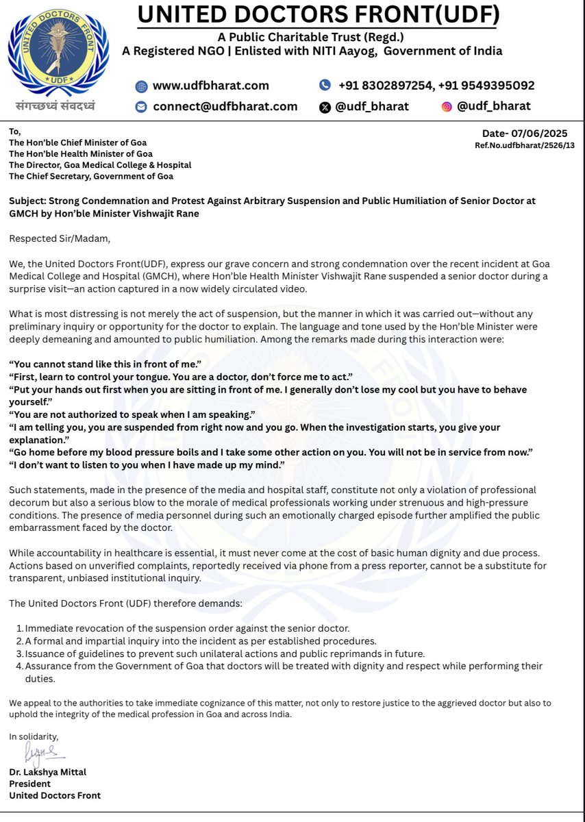 Dr Hanuman Bishnoi (@hanuman4269) on Twitter photo 🚨🚨🚨Demanding immediate inquiry and public apology. Such conduct has no place in a democracy.
#AccountabilityMatters #UDFStandsWithDoctors <a href="/BJP4India/">BJP</a> <a href="/drlakshyamittal/">DR.LAKSHYA MITTAL</a> <a href="/DrPramodPSawant/">Dr. Pramod Sawant</a> <a href="/UDF_BHARAT/">UNITED DOCTORS FRONT (UDF)</a> <a href="/Indian__doctor/">Indian Doctor🇮🇳</a> <a href="/Lap_surgeon/">Dr. B L Bairwa MS, FACS</a> <a href="/DFlex007/">DR.Bhanu kumar</a> <a href="/DrDhruvchauhan/">Dr.Dhruv Chauhan</a> 🚨🚨🚨Demanding immediate inquiry and public apology. Such conduct has no place in a democracy.
#AccountabilityMatters #UDFStandsWithDoctors <a href="/BJP4India/">BJP</a> <a href="/drlakshyamittal/">DR.LAKSHYA MITTAL</a> <a href="/DrPramodPSawant/">Dr. Pramod Sawant</a> <a href="/UDF_BHARAT/">UNITED DOCTORS FRONT (UDF)</a> <a href="/Indian__doctor/">Indian Doctor🇮🇳</a> <a href="/Lap_surgeon/">Dr. B L Bairwa MS, FACS</a> <a href="/DFlex007/">DR.Bhanu kumar</a> <a href="/DrDhruvchauhan/">Dr.Dhruv Chauhan</a>