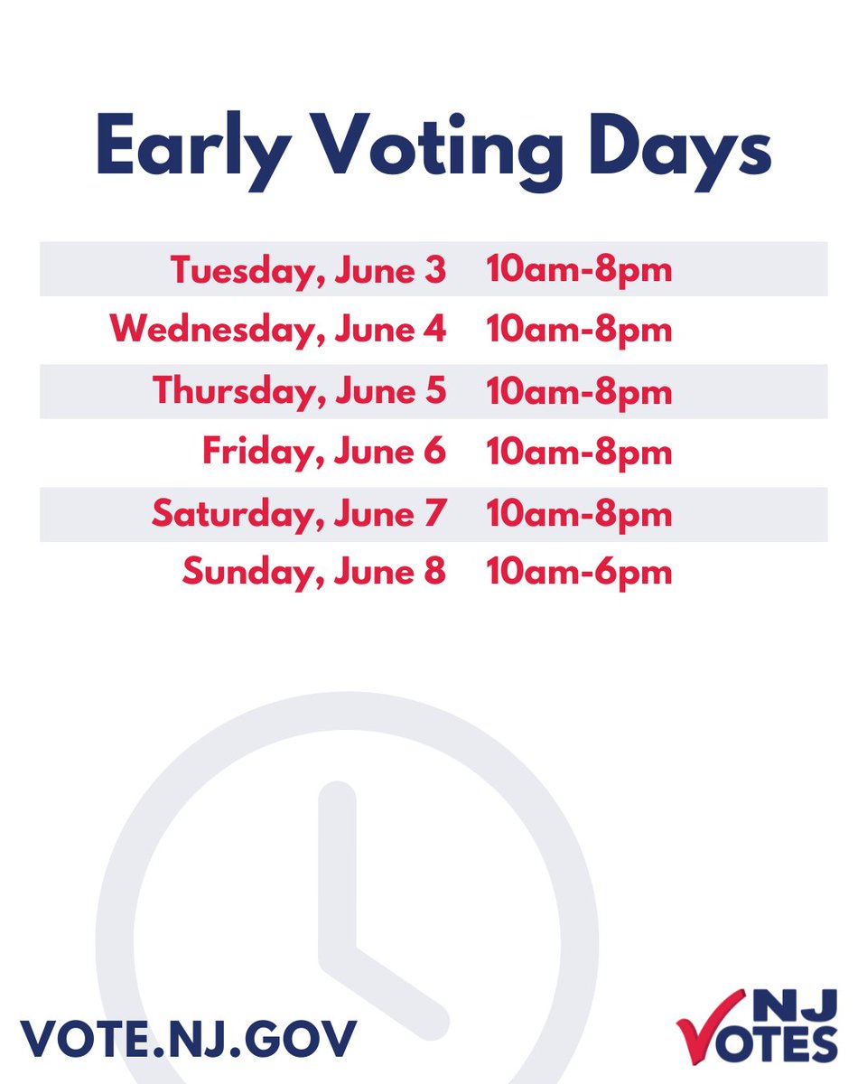NJ_Votes's tweet image. Busy on Election Day? Passing by an in-person early voting site in your county? Stop in and cast your vote at your convenience.
Tomorrow is the last day for #EarlyVoting for the 2025 Primary Election. More info on Vote.NJ.Gov. #NJVotes
