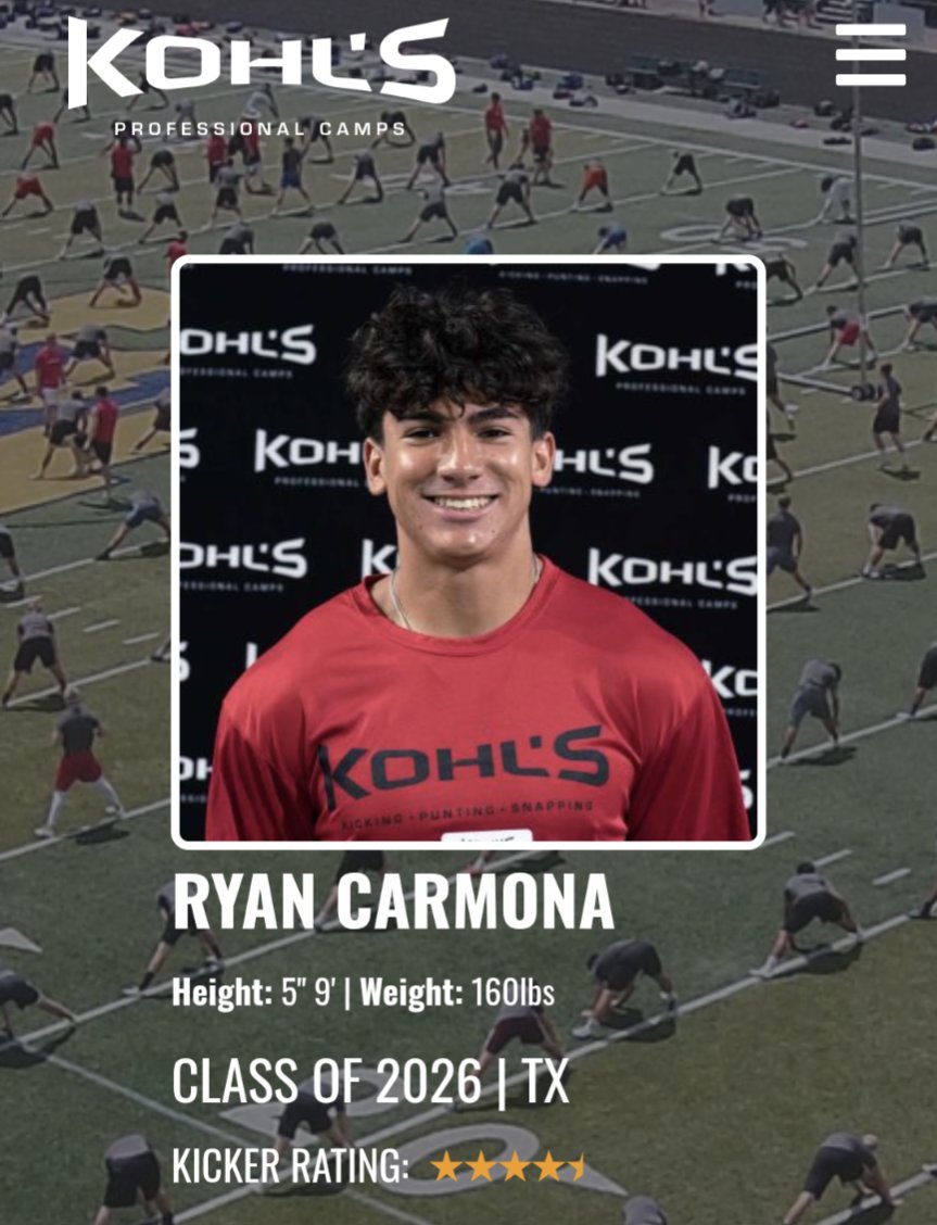 Lester Johnson (@coachjohnson_10) on Twitter photo Ryan is a fast rising 2026 prospect! Recently ranked as a 4.5 Star Kicker per <a href="/KohlsKicking/">Kohl's Kicking Camps</a>
#RecruitCCVets🦅 Ryan is a fast rising 2026 prospect! Recently ranked as a 4.5 Star Kicker per <a href="/KohlsKicking/">Kohl's Kicking Camps</a>
#RecruitCCVets🦅