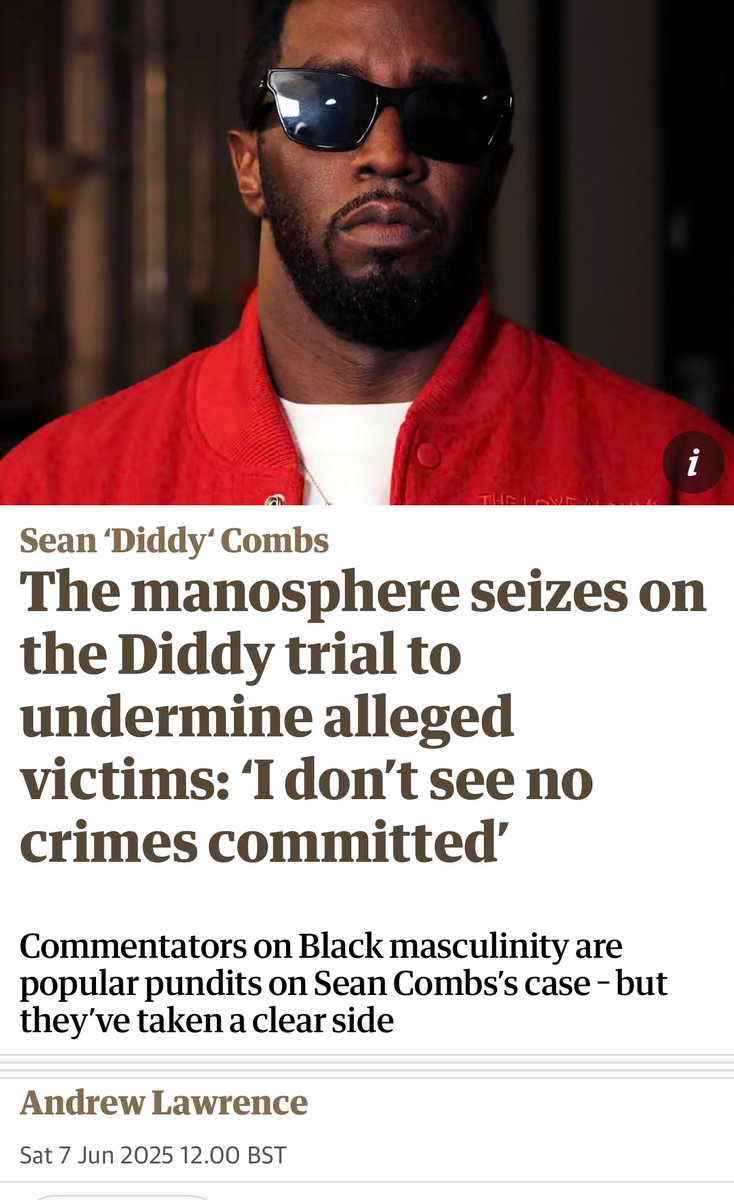 How to deal with the fact non-white people disagree with you <a href="/guardiannews/">Guardian news</a>?

Just use the word ‘manosphere’ and then you don’t have to address any of their points.

Not making a statement about Diddy - it’s the poisonous playbook they use again and again that’s 🤮