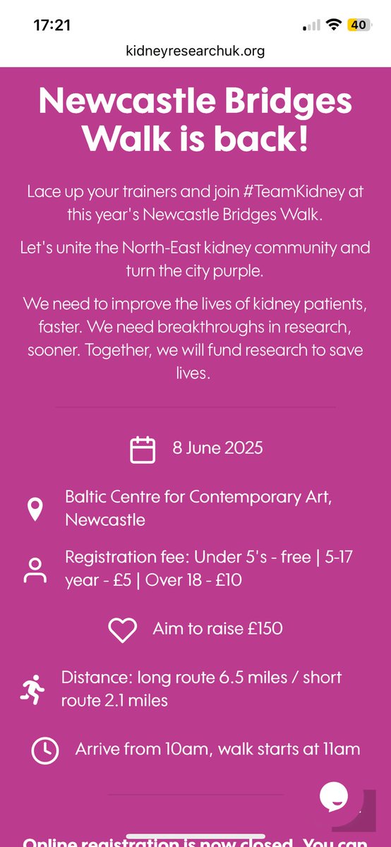 Looking forward to supporting Kidney Research UK tomorrow at the Newcastle Bridges Walk. You can still join us and register in the morning in person. Raising funds and awareness for kidney research. 
#newcastlebridgeswalk #renalresearch #TeamKidney