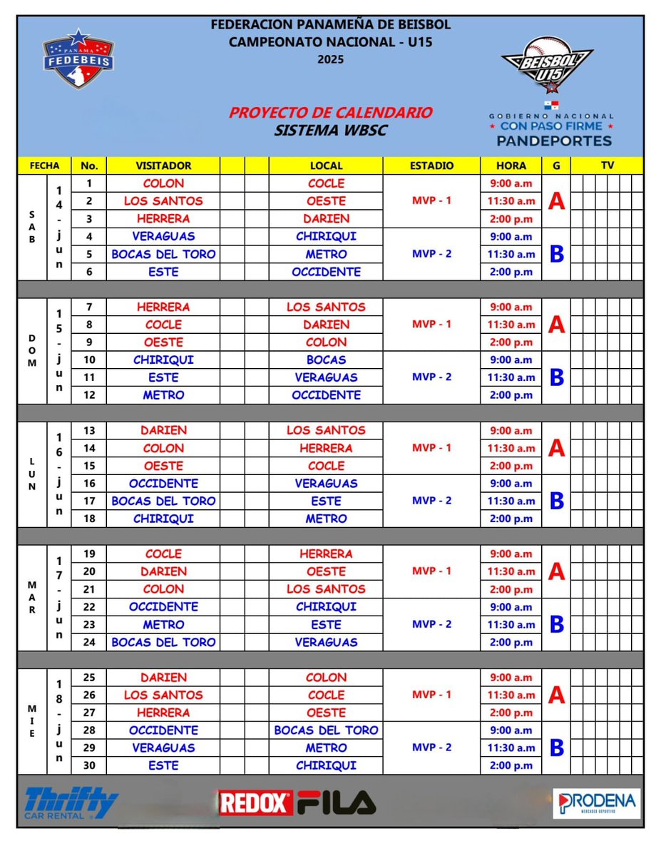 Calendario oficial del Campeonato Nacional U15 , iniciando el 14 de junio, 12 equipos y con miras al próximo torneo eliminatorio de la categoría.

Vía <a href="/FedebeisOficial/">Fedebeis Panamá</a>

#Béisbol 
#TorneoU15
#DeportesyPunto📻🎤🎧