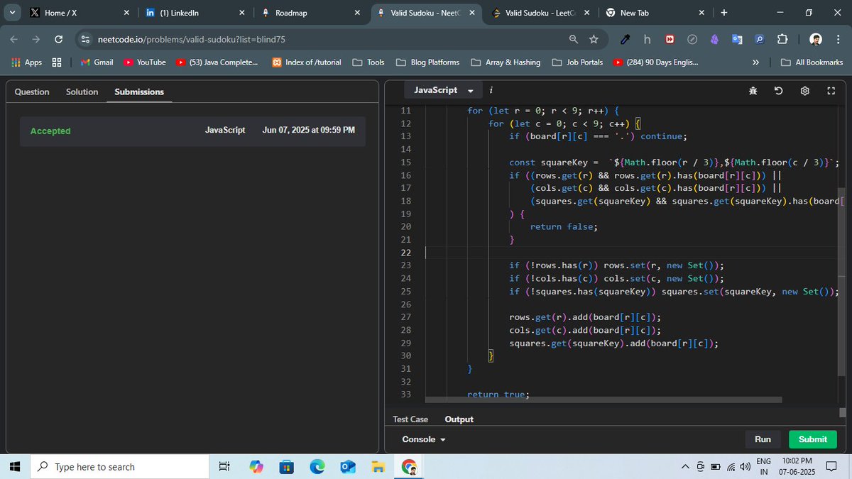 rasprogrammer's tweet image. ✅ Just solved the Valid Sudoku problem using HashSet in JavaScript!
🧠 Learned how to track rows, columns &amp;amp; 3x3 grids efficiently!
📌 Problem from #NeetCode75
🔍 Logic + Clean code = 💡
#JavaScript #100DaysOfCode #coding #leetcode #webdev