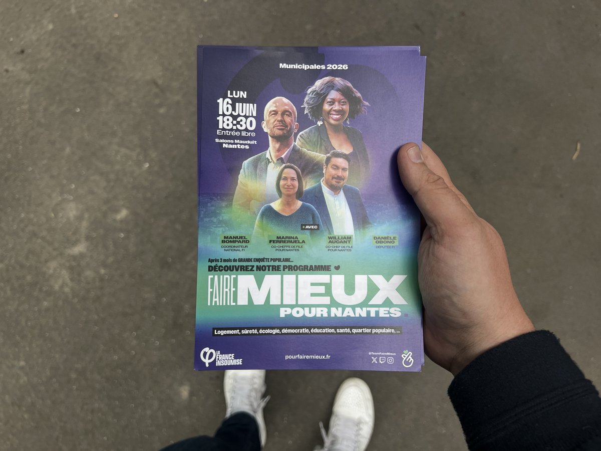 William Aucant (@williamaucant) on Twitter photo 🟣 Tractage matinal à #Nantes Talensac avec la <a href="/TeamFaireMieux/">🫰Faire Mieux pour Nantes</a>
Des échanges riches, des sourires, des idées. 🌱
Objectif : présenter notre programme pour #Nantes2026, né de 3 mois d’enquête populaire. 🙌
Rendez-vous le 16 juin avec <a href="/mbompard/">Manuel Bompard</a> et <a href="/Deputee_Obono/">Députée Obono</a> !
#FaireMieux 🫰 🟣 Tractage matinal à #Nantes Talensac avec la <a href="/TeamFaireMieux/">🫰Faire Mieux pour Nantes</a>
Des échanges riches, des sourires, des idées. 🌱
Objectif : présenter notre programme pour #Nantes2026, né de 3 mois d’enquête populaire. 🙌
Rendez-vous le 16 juin avec <a href="/mbompard/">Manuel Bompard</a> et <a href="/Deputee_Obono/">Députée Obono</a> !
#FaireMieux 🫰
