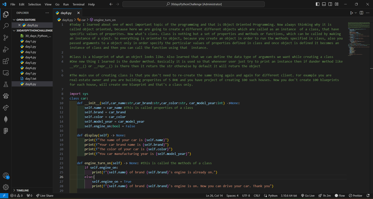 DARSHIL_Analyst's tweet image. #Day8 of #30DaysPythonChallenge 🐍 of @indiandataclub
Today I learned about Object-Oriented Programming —
🔸 Class = blueprint
🔸 Object = instance
🔸 Methods work via objects
🔸 Learned __str__() dunder method
🎯 Challenge: Create a Car class with attributes + display method