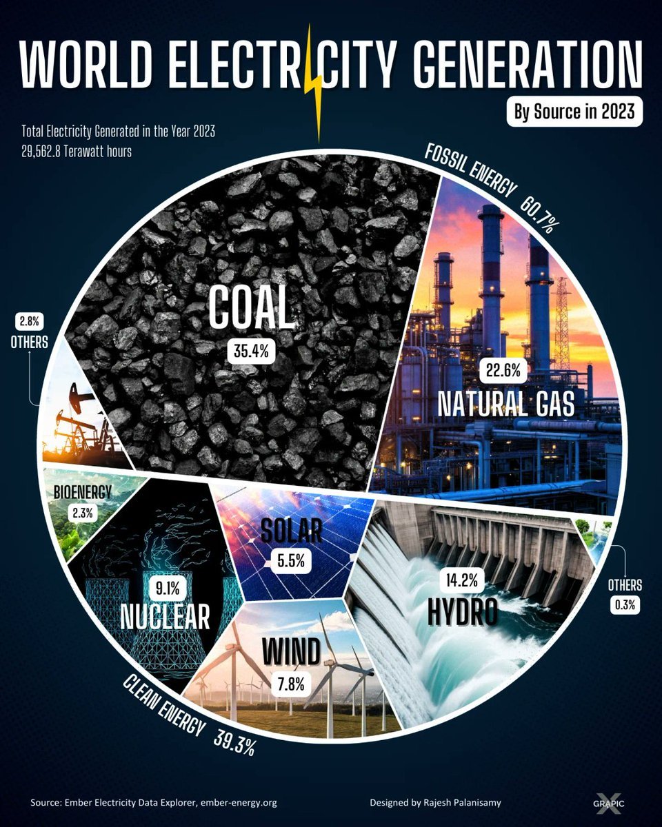⚡️ A look at global electricity generation—fossil energy still accounts for 60.7% of global energy production.