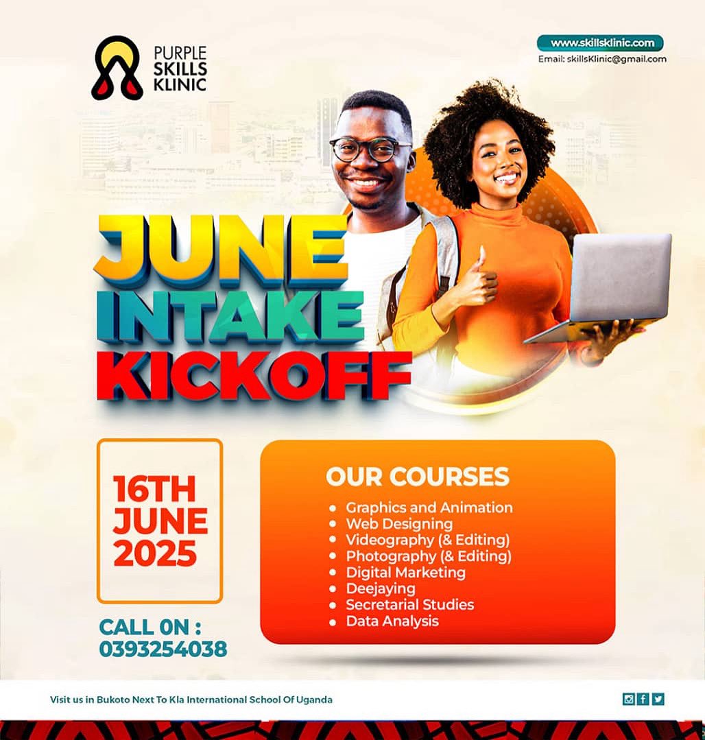 June Intake 2025 is ON! Level up with hands-on skills in:Graphics | Web | Video | Photo | Digital Mktg | Deejaying | Secretarial | Data call 039 3254038 |
Bukoto, next to Kampala Intl School #SkillsKlinic skillsKlinic.com