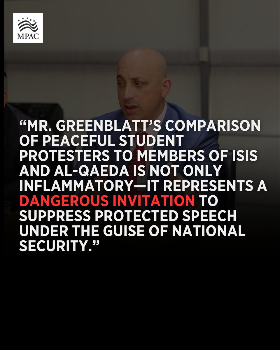 MPAC (@mpac_national) on Twitter photo Peaceful protest is not terrorism.
MPAC strongly condemns <a href="/JGreenblattADL/">Jonathan Greenblatt</a>'s reckless comparison of student protesters to ISIS and al-Qaeda. This dangerous rhetoric undermines First Amendment rights and fuels harmful stereotypes.
Read our full statement: mpac.org/statements/mpa… Peaceful protest is not terrorism.
MPAC strongly condemns <a href="/JGreenblattADL/">Jonathan Greenblatt</a>'s reckless comparison of student protesters to ISIS and al-Qaeda. This dangerous rhetoric undermines First Amendment rights and fuels harmful stereotypes.
Read our full statement: mpac.org/statements/mpa…