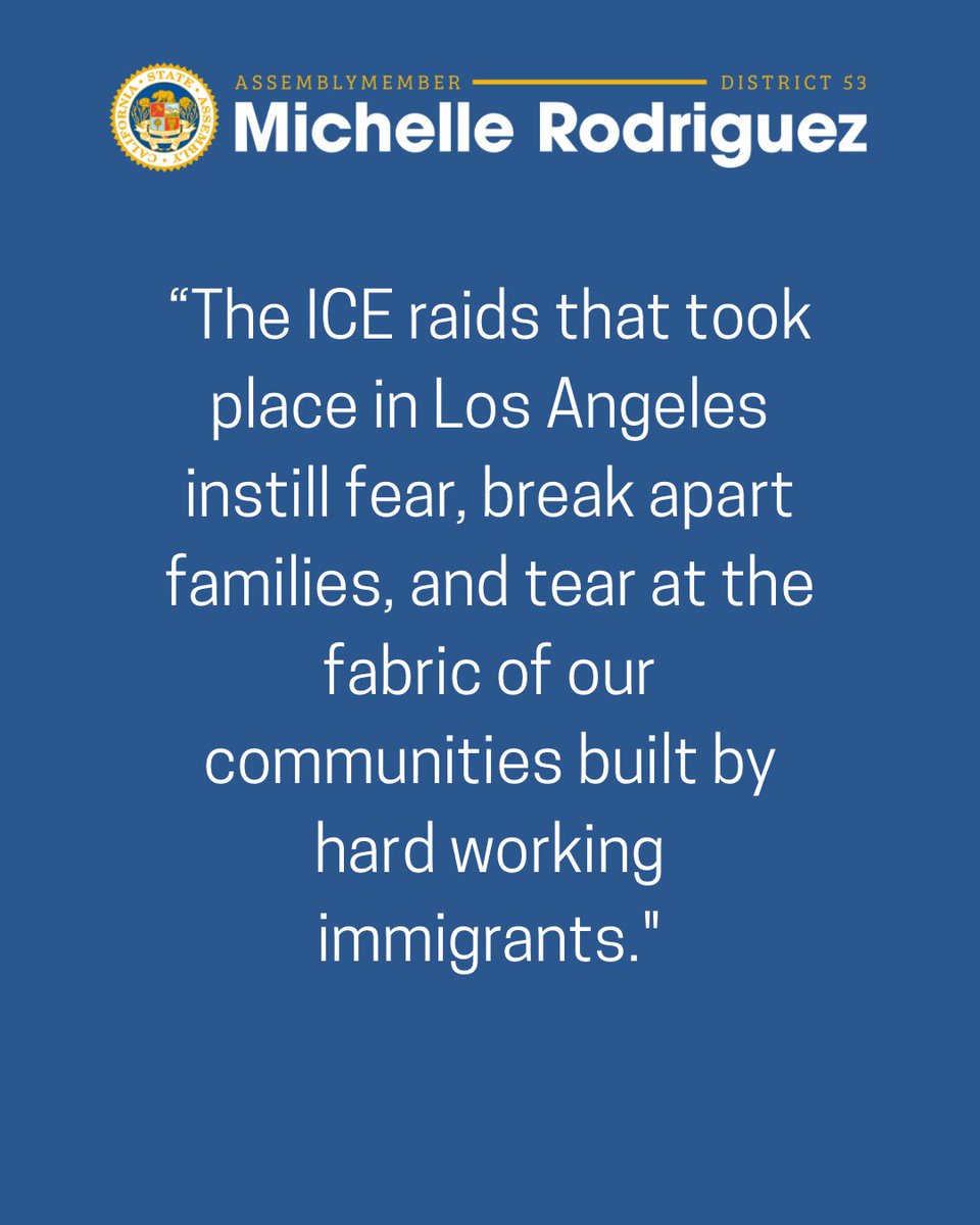 AsmMRodriguez's tweet image. My statement on the recent Los Angeles ICE raids. It’s time we prioritize compassion and dignity, not division. #ad53