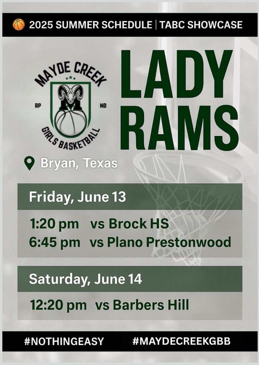 🚨 2025 TABC SHOWCASE SCHEDULE 🚨 

Your Lady Rams are headed to Bryan, TX for the summer spotlight! 🏀 💪

Catch us in action:
🗓️ Friday, June 13 &amp; 🗓️ Saturday, June 14

Let’s work. Let’s compete. 

#NOTHINGEASY 
#RamNation 🐏 🔥
