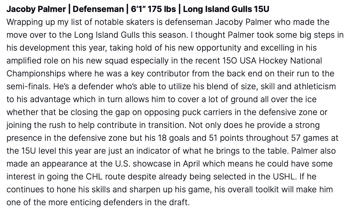 Kamron Robson (@kamronrobson4) on Twitter photo The <a href="/nlregiment/">Newfoundland Regiment</a> swing on another American skater in Long Island Gulls defenseman Jacoby Palmer.
Palmer really seemed to step up his game after making the switch over to the Gulls program, putting up 51 points in 57 games from the back end. My thoughts on his game👇 The <a href="/nlregiment/">Newfoundland Regiment</a> swing on another American skater in Long Island Gulls defenseman Jacoby Palmer.
Palmer really seemed to step up his game after making the switch over to the Gulls program, putting up 51 points in 57 games from the back end. My thoughts on his game👇