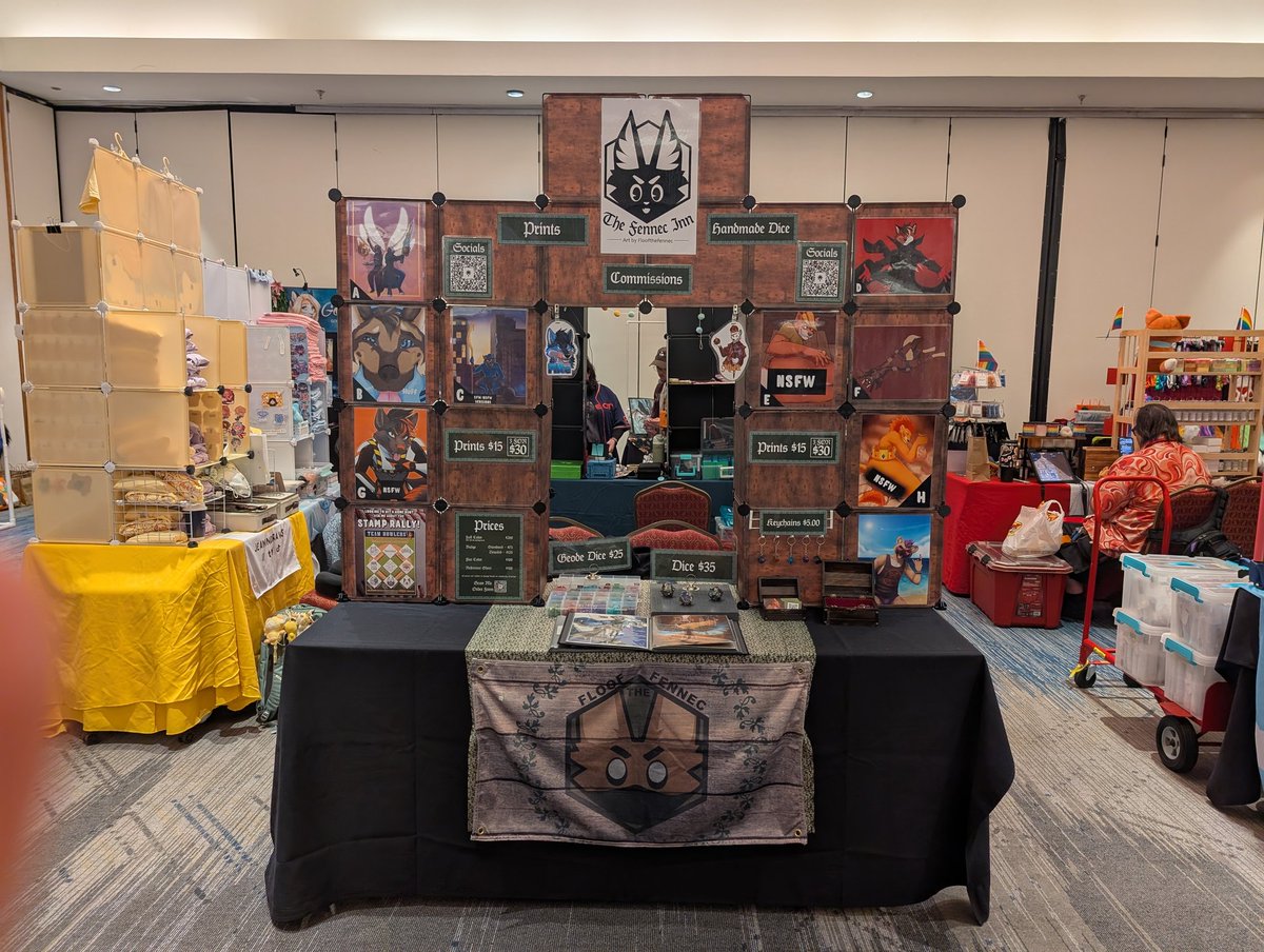 FlooftheFennec's tweet photo. Day 2 at @StratosFur ! Come check out my wares! And if you haven't heard, a lot of the vendors are doing a versus style Stamp Rally! Spend $10 at each of the participating tables and you get an awesome prize bag! https://t.co/H6EIOaELbh