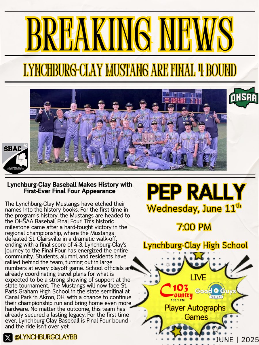 Lynchburg-Clay Mustangs HS Baseball (@lynchburgclaybb) on Twitter photo Make plans to attend a Pep Rally being held for the boys. Come show them how proud you are of all of the hard work they have put in and as they continue to make history at Lynchburg Clay! <a href="/SHACSports/">SHAC Sports</a> <a href="/SOSAOhio/">Southern Ohio Sports Authority</a> <a href="/HCPSportsEditor/">Stephen Forsha</a> Make plans to attend a Pep Rally being held for the boys. Come show them how proud you are of all of the hard work they have put in and as they continue to make history at Lynchburg Clay! <a href="/SHACSports/">SHAC Sports</a> <a href="/SOSAOhio/">Southern Ohio Sports Authority</a> <a href="/HCPSportsEditor/">Stephen Forsha</a>
