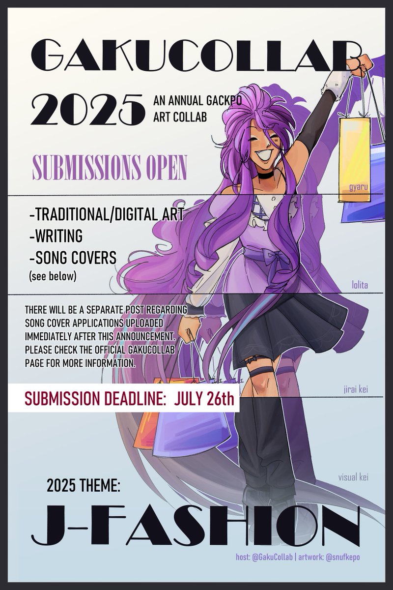 Submissions for Gakucollab 2025 are now open! 🛍
Rules and submission form below ⬇
#camuigackpo #kamuigakupo #gakupo #gackpoid #神威がくぽ #がくっぽいど #がくぽ #VOCALOID