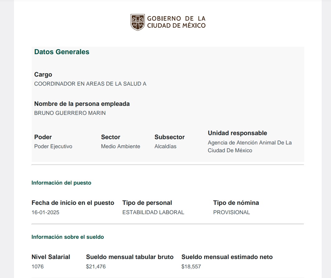 ¿Te has preguntado quiénes trabajan en el gobierno de Clara Brugada?

Te doy un ejemplo:

Bruno Guerrero Marín es el "Jefe de Asuntos Interinstitucionales" de la Agencia de Atención Animal.

Un puesto que no existía antes de que  Ana Villagrán asumiera la dirección de la Agatan.