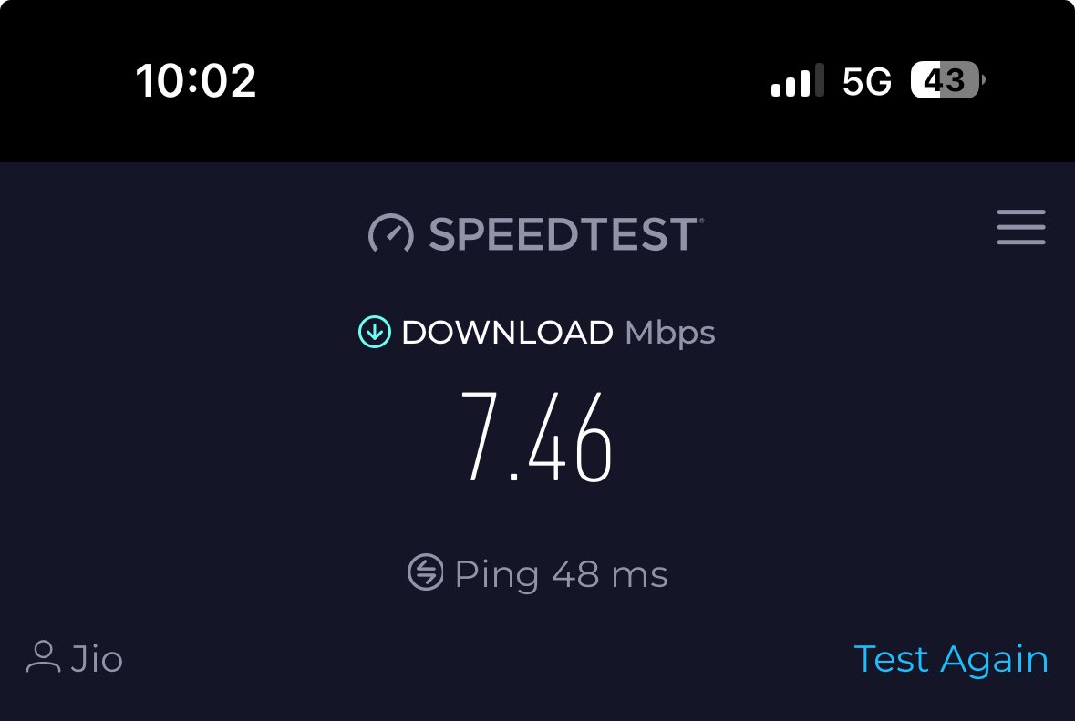 YashBang1's tweet photo. I have recently changed my Network carrier from Airtel to JIO and maybe thats the worst decision to make. 
Below is the download and upload speed after multiple trials. I have complained at customer care as well
Check the top tight corner as well. 
Stop fooling customers. https://t.co/9LSnrlMLGd