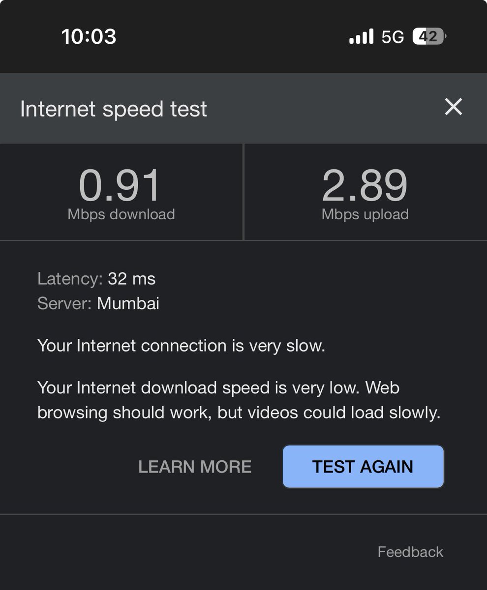 YashBang1's tweet photo. I have recently changed my Network carrier from Airtel to JIO and maybe thats the worst decision to make. 
Below is the download and upload speed after multiple trials. I have complained at customer care as well
Check the top tight corner as well. 
Stop fooling customers. https://t.co/9LSnrlMLGd