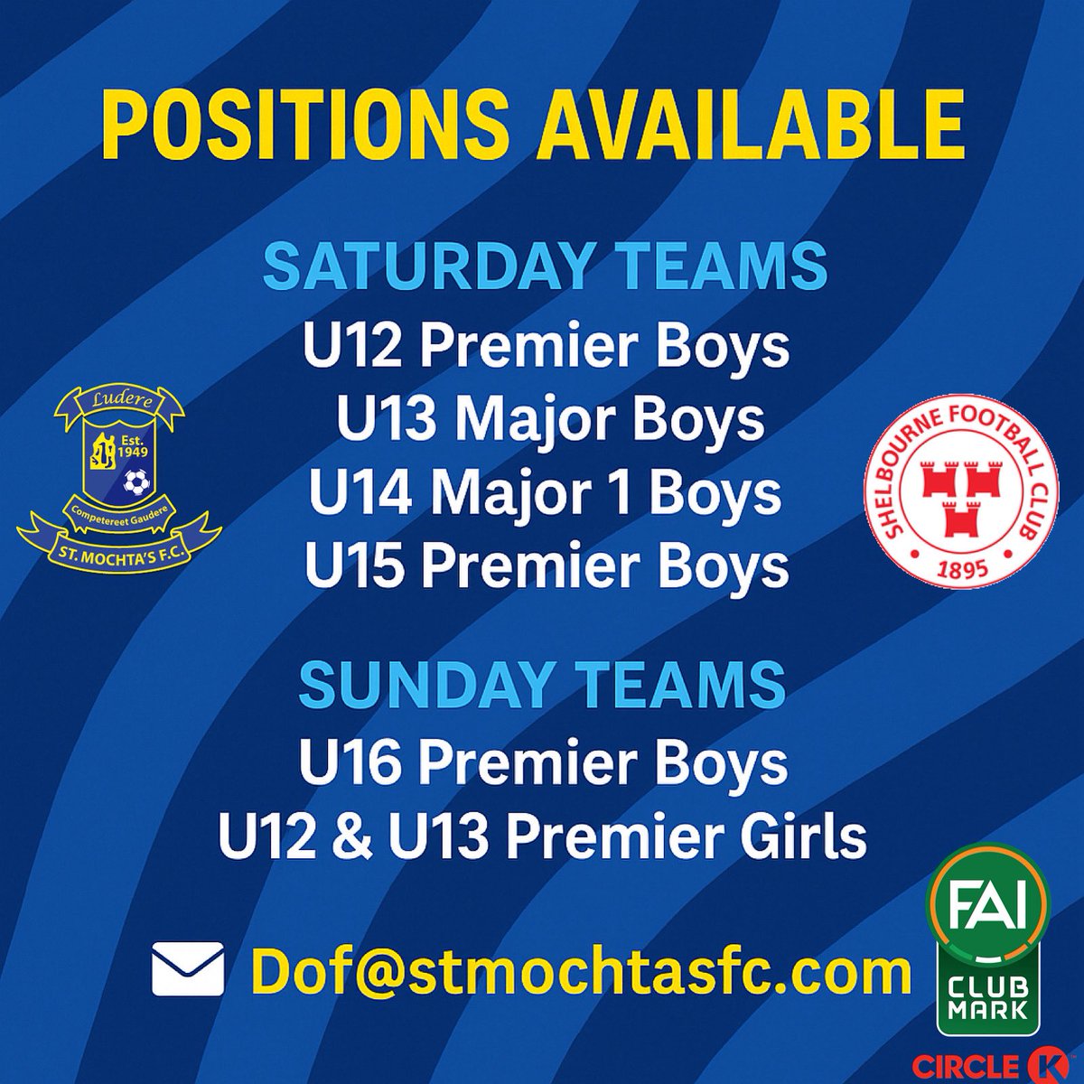 🚨 Positions available 👕

📅 Saturday: U12, U13, U14, U15 Boys
📅 Sunday: U16 Boys, U12 &amp; U13 Girls

Join one of Ireland’s top grassroots clubs!
📧 Dof@stmochtasfc.com

#StMochtasFC |  #FAIClubMark