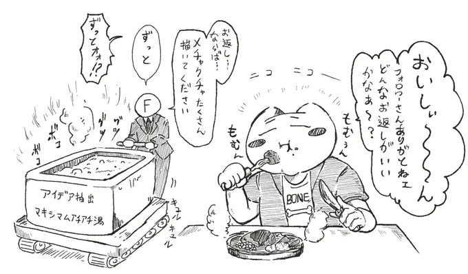 skebで依頼を頂いたフォロワーの金で飯を食うぼんれすはむ(白黒)。へいおまち!!
リアルでも飯を買えました。感謝の極み… 