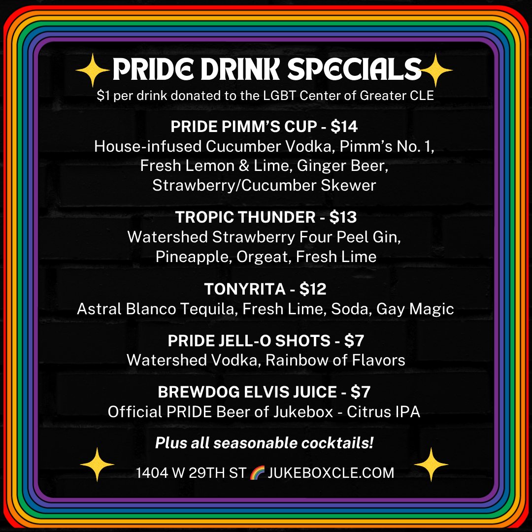 Jukebox (@jukeboxcle) on Twitter photo HAPPY PRIDE π³οΈβππ³οΈββ§οΈ What a beautiful day for #PRIDEintheCLE. $1 from our seasonal cocktails & this special PRIDE menu go back to our friends at <a href="/LGBTCleveland/">LGBT Community Center of Greater Cleveland</a> (ALL MONTH LONG!)
DJ Big Sexy on the patio spinning tunes from 3-6pm
Come by after the parade! HAPPY PRIDE π³οΈβππ³οΈββ§οΈ What a beautiful day for #PRIDEintheCLE. $1 from our seasonal cocktails & this special PRIDE menu go back to our friends at <a href="/LGBTCleveland/">LGBT Community Center of Greater Cleveland</a> (ALL MONTH LONG!)
DJ Big Sexy on the patio spinning tunes from 3-6pm
Come by after the parade!