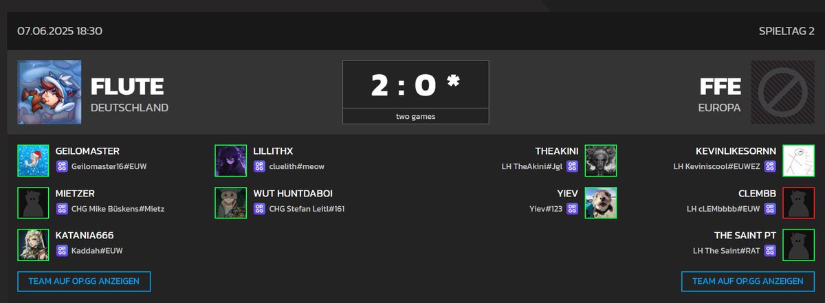 Da LH cLEMbbbb#EUW zu viel Angst vor CHG Mike Büskens#Mietz hatte und daher eher sein wohlverdientes Abendessen priorisiert hat haben wir das 2:0 bekommen

auch auf weitere Nachfrage wollte FrostFire Necture das Match nicht ausspielen.. die Schlümpfe gehen traurig nachhause :C