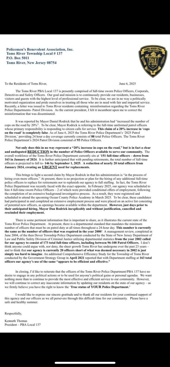 NJSPBA's tweet image. NJ State PBA supports Tom’s River PBA Local 137!
Time to end the misinformation; 10% reduction in number of officers in the department, 5% reduction in officers in patrol division. This is no way to protect the 8th largest community in New Jersey.
@TRPBA137