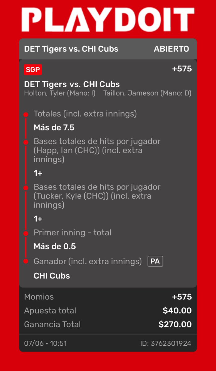 DexploPicks's tweet photo. Hoy todo con los Cubs! ⚾💥

🔥 Cuota +575 para hacerlo grande con inteligencia:

💸 Apuesta: $40
📈 Ganancia: $270

👉 ¿Te atreves con un armado así?
Etiqueta al amigo que solo mete momio -200 👀

#DexploPicks #MLB #ParlayDelDía #Playdoit #Cubs #ParlaySoñador #ApuestaConCerebro https://t.co/3phQNlJuqI