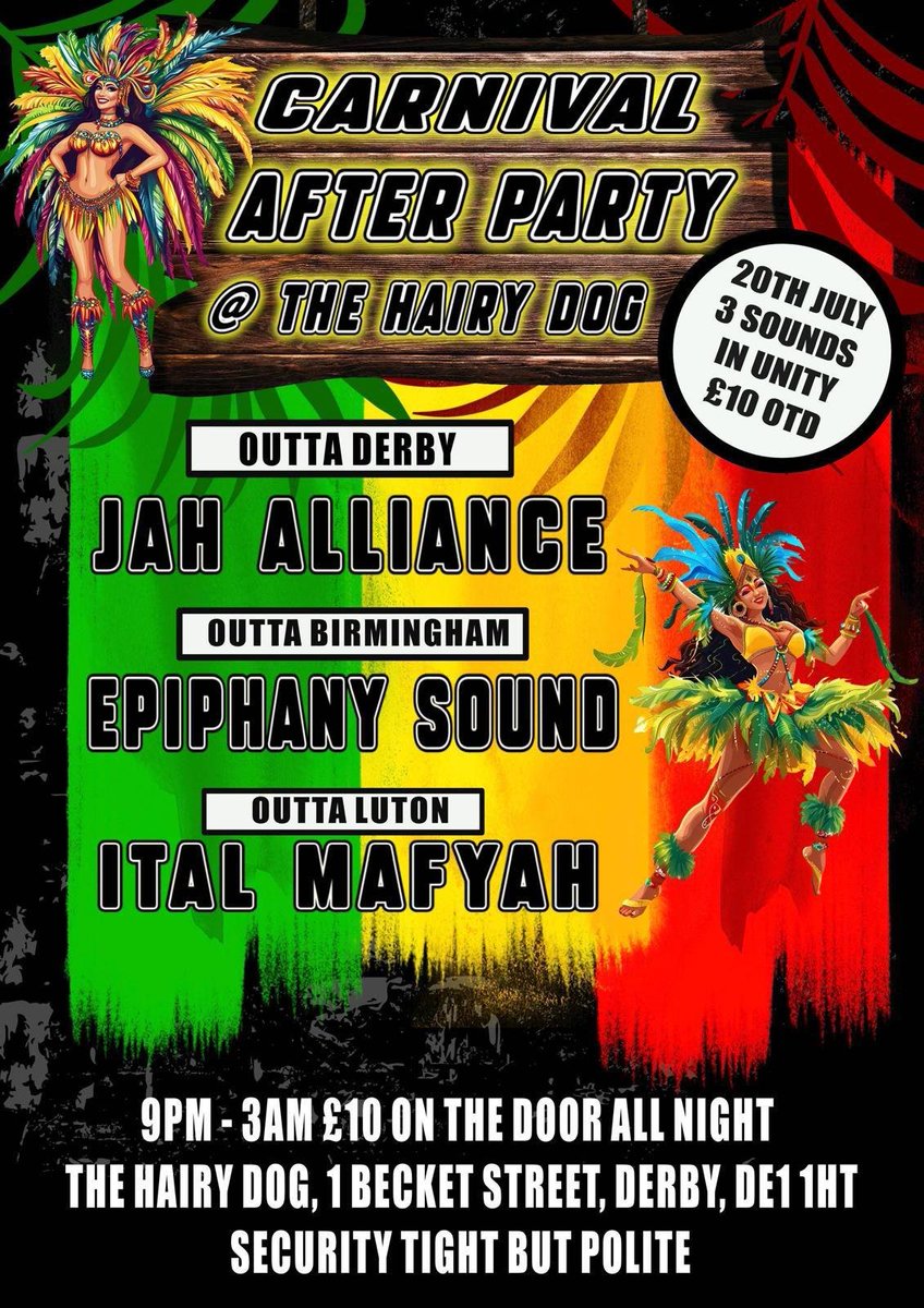 Derby Carnival 2025 AFTER PARTY
3 SOUND SYSTEM IN UNITY 

#derby #carnival 
#soundsystem
#JahAlliance #SherlockArt
