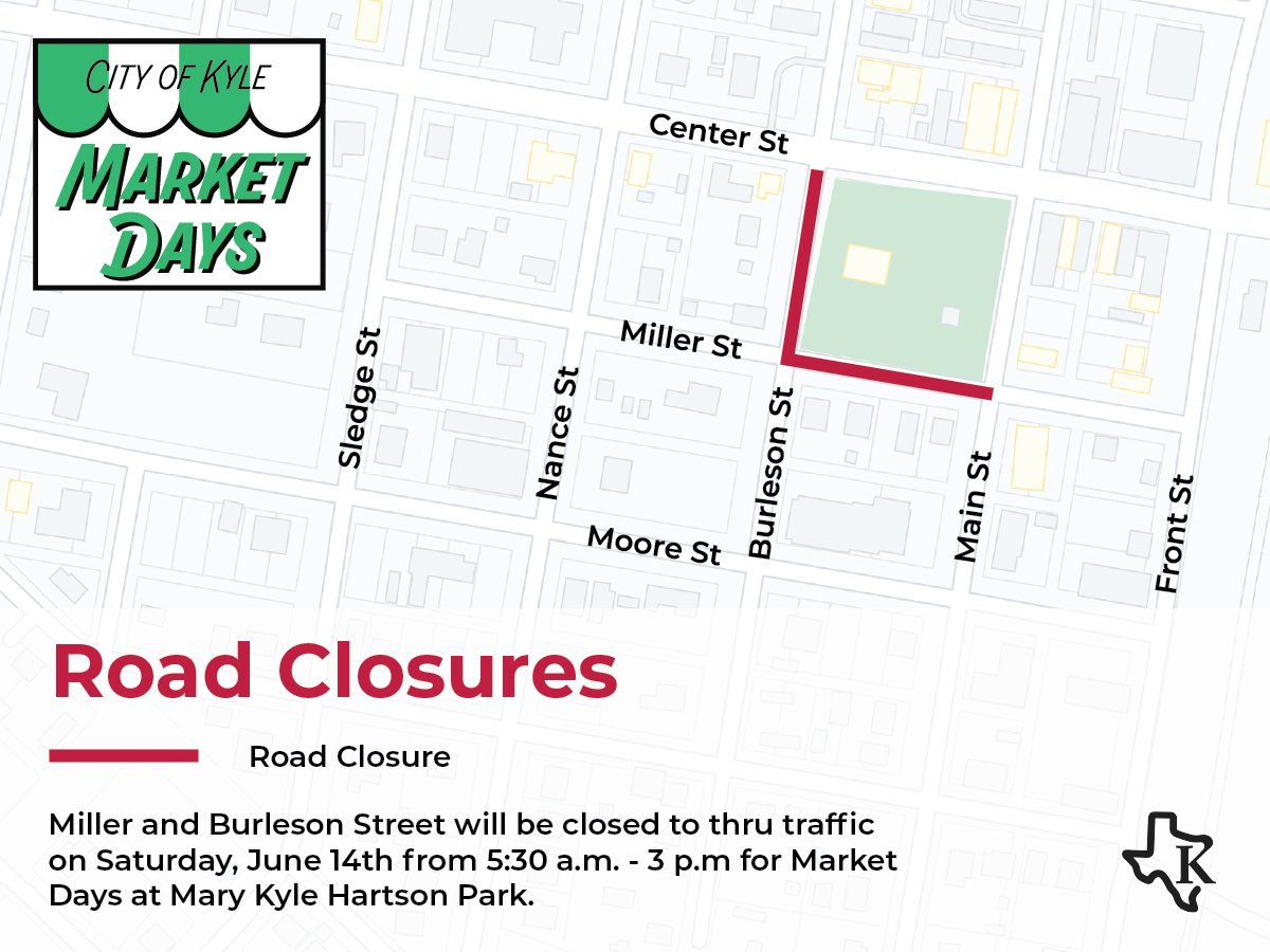 There will be street closures for the June Market Days - Celebrating Juneteenth on Saturday, June 14 from 8 a.m. to 1 p.m. at Mary Kyle Hartson Park, 101 S. Burleson Rd.

Starting at 5:30 a.m. and going until 3 p.m. on June 14 the following streets will be closed for the event:
-