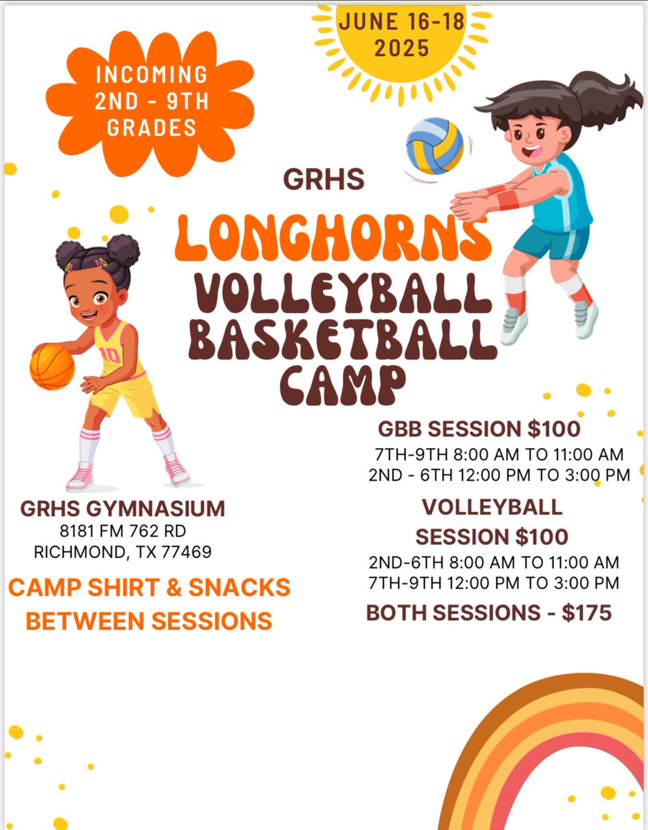 🏐🏀 Calling all future Lady Longhorns!
Join us June 16–18 for Volleyball &amp; Basketball Camp at George Ranch HS!

⏰ 8AM–3PM
🎟️ Register now: gofan.co/app/school/TX6…

Don’t miss 3 days of skill-building &amp; fun with GRHS coaches + players! 

#LadyLonghorns #GRHSCamp