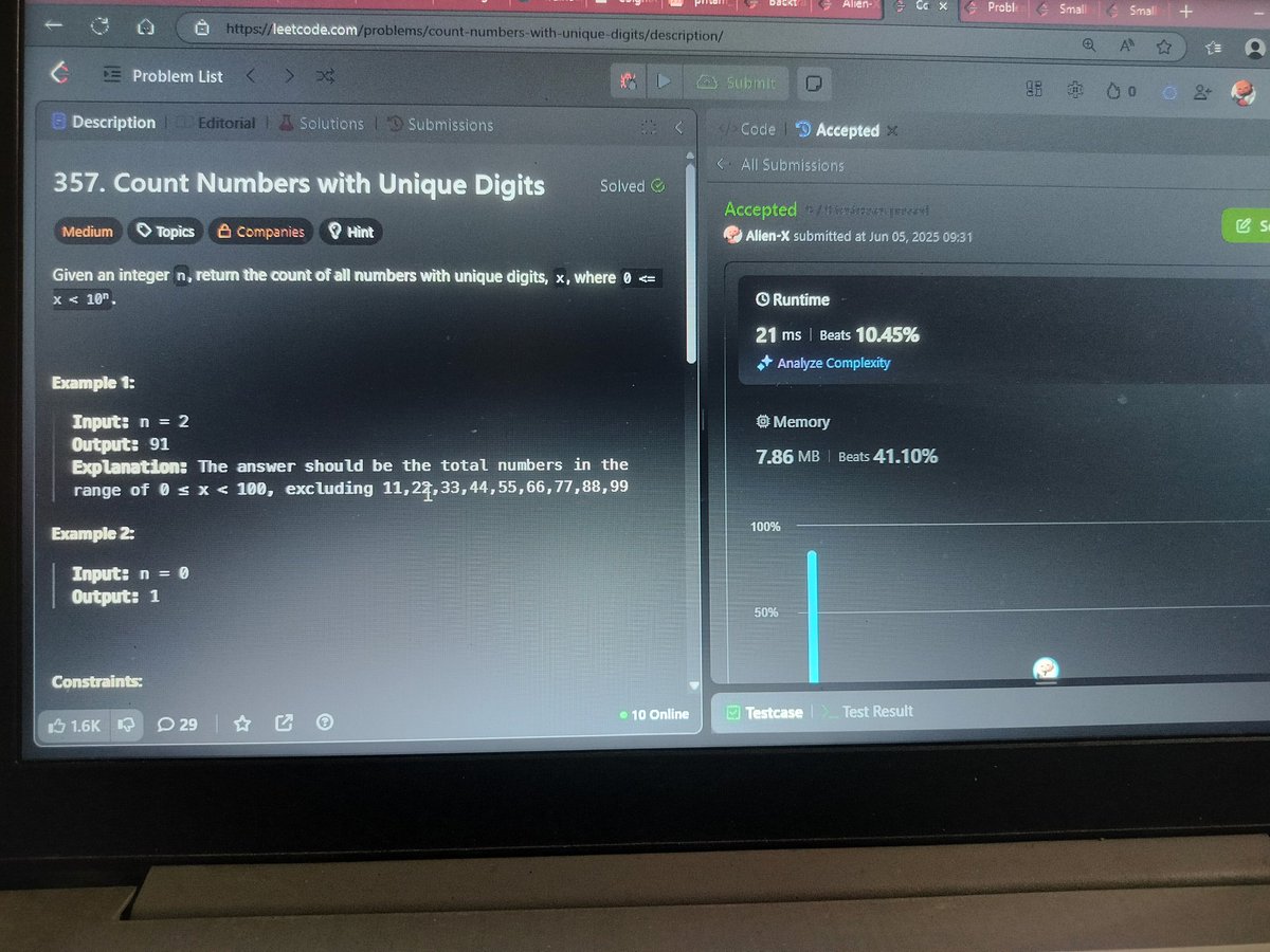 M56957992Pritam's tweet image. #Day_4 of #100_days_of_code 
05 / 06 / 2025, Thursday

357. Count Numbers with Unique Digits
988. Smallest String Starting From Leaf