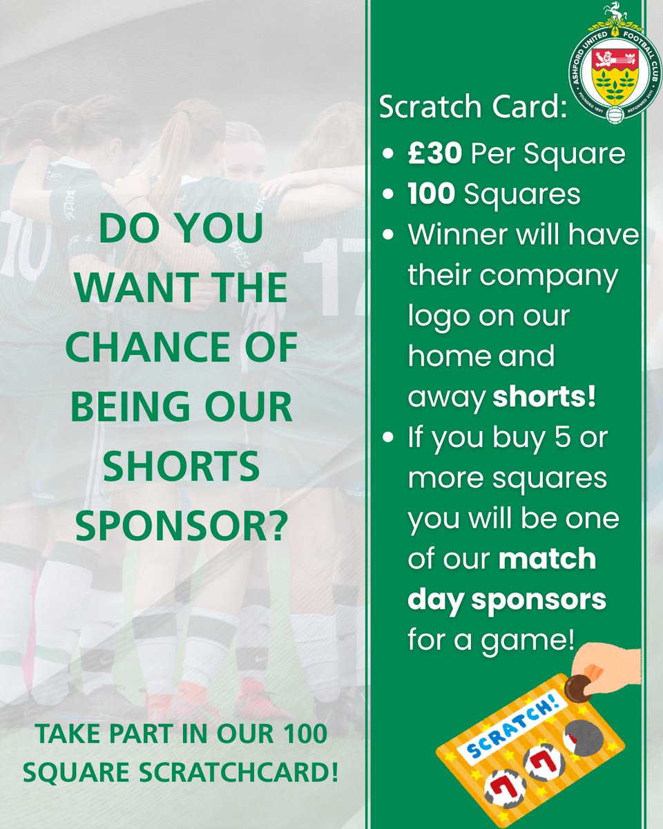 Do you want the chance of being Ashford United Ladies shorts sponsor for Only £30?🤩

Take part in our 100 square scratchcard for a chance of being our home and away shorts sponsor!

Secure your squares now before they are all gone!⏰

Private Message us for more information!