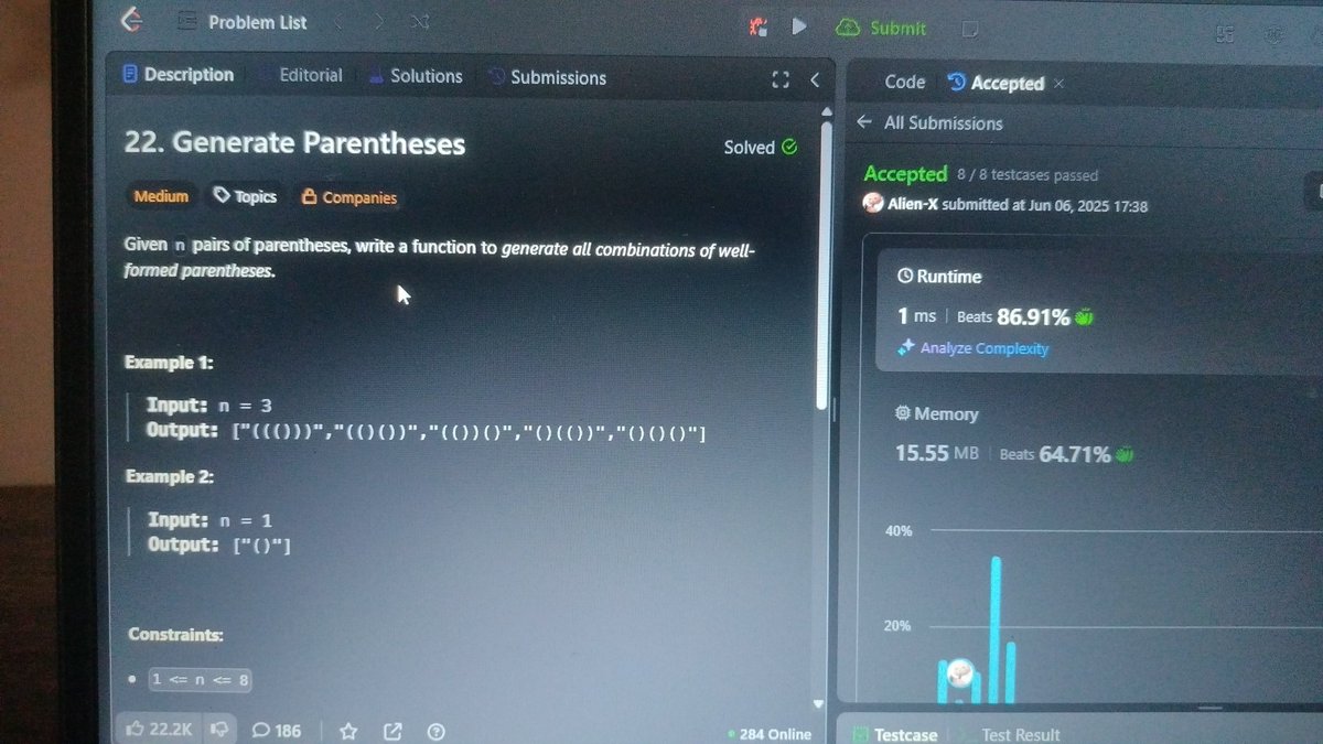 M56957992Pritam's tweet image. #Day_5 of #100_days_of_code 
06 / 06 / 2025, Friday

22. Generate Parentheses