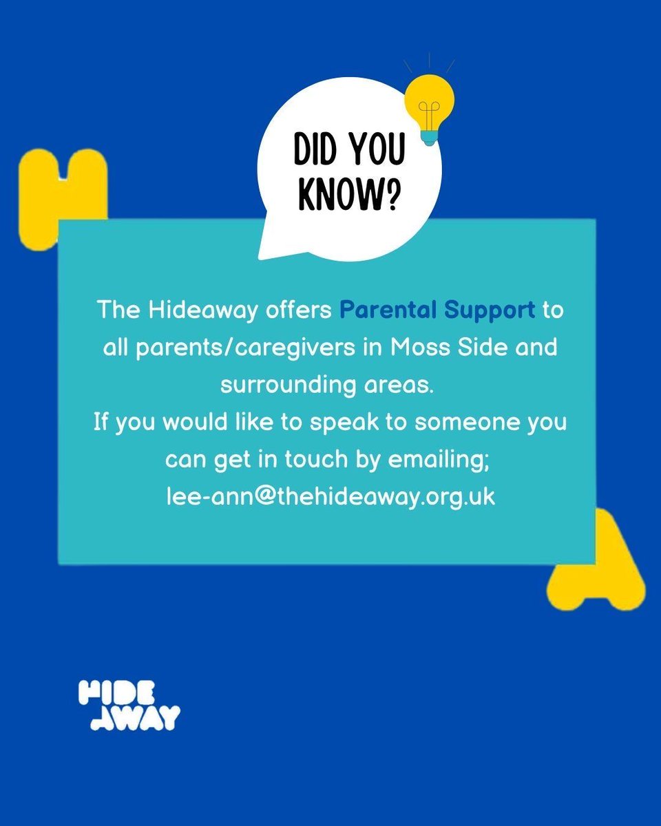 Hideaway Youth (@hideaway_youth) on Twitter photo Parenting isn’t always easy — but you don’t have to do it alone.
The Hideaway offers support for parents and caregivers in the local area.
If you’d like to speak to someone, get in touch with Lee-Ann at lee-ann@thehideaway.org.uk
#HereForYou #ParentalSupport #MossSideCommunity Parenting isn’t always easy — but you don’t have to do it alone.
The Hideaway offers support for parents and caregivers in the local area.
If you’d like to speak to someone, get in touch with Lee-Ann at lee-ann@thehideaway.org.uk
#HereForYou #ParentalSupport #MossSideCommunity