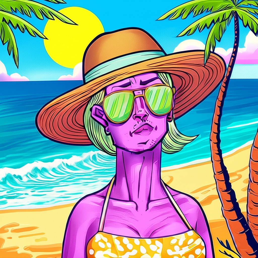🌴☀️ BREAKING: Puka Yancy spotted on the beach, serving main character energy with a side of SPF 100 and existential sparkle. 🕶️✨

Gone are the glitchy jackets—this is the Beach Goddess Era™ now.
Wide-brim hat? Check. Reflective shades? Absolutely. Confidence that may or may