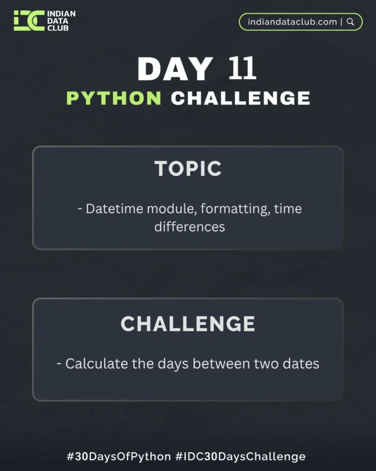 aryadevir's tweet photo. 𝗗𝗮𝘆 𝟭𝟭
𝗧𝗼𝗽𝗶𝗰𝘀- Working with Dates and Times
𝗖𝗵𝗮𝗹𝗹𝗲𝗻𝗴𝗲- 𝗖𝗮𝗹𝗰𝘂𝗹𝗮𝘁𝗲 𝘁𝗵𝗲 𝗱𝗮𝘆𝘀 𝗯𝗲𝘁𝘄𝗲𝗲𝗻 𝘁𝘄𝗼 𝗱𝗮𝘁𝗲𝘀

Thank you for this opportunity Indian Data Club
#30daysOfPythonChallenge #pythonchallenge https://t.co/XMIrMV8KZh