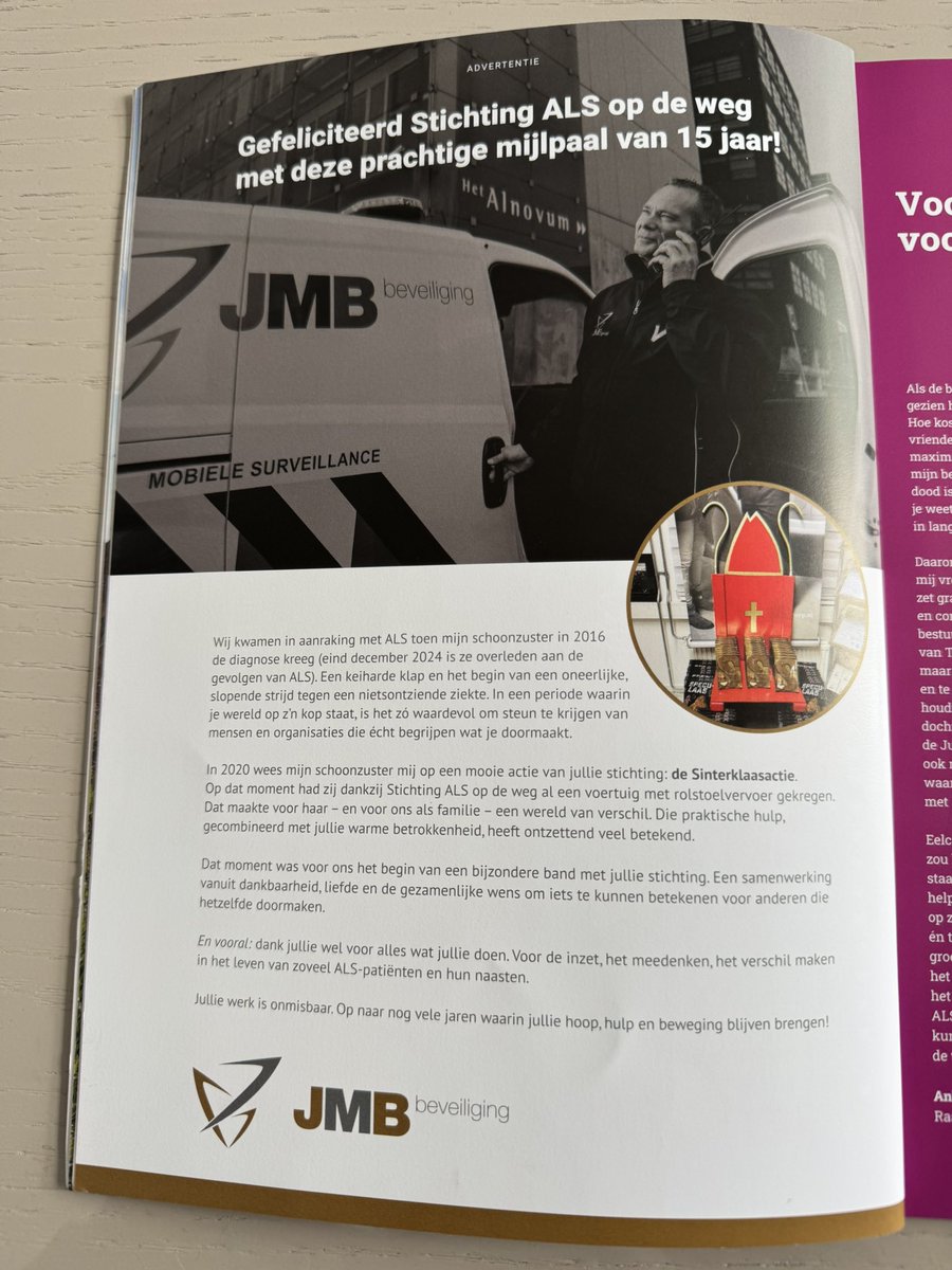 Vandaag willen wij van de JMB Groep stichting <a href="/ALSopdeweg/">Stichting ALS op de weg</a> van harte feliciteren met hun 15-jarig jubileum! 
Wij kwamen in aanraking met ALS toen mijn schoonzuster in 2016 de diagnose kreeg. Eind december 2024 is zij overleden aan de gevolgen van deze nietsontziende ziekte. Het
