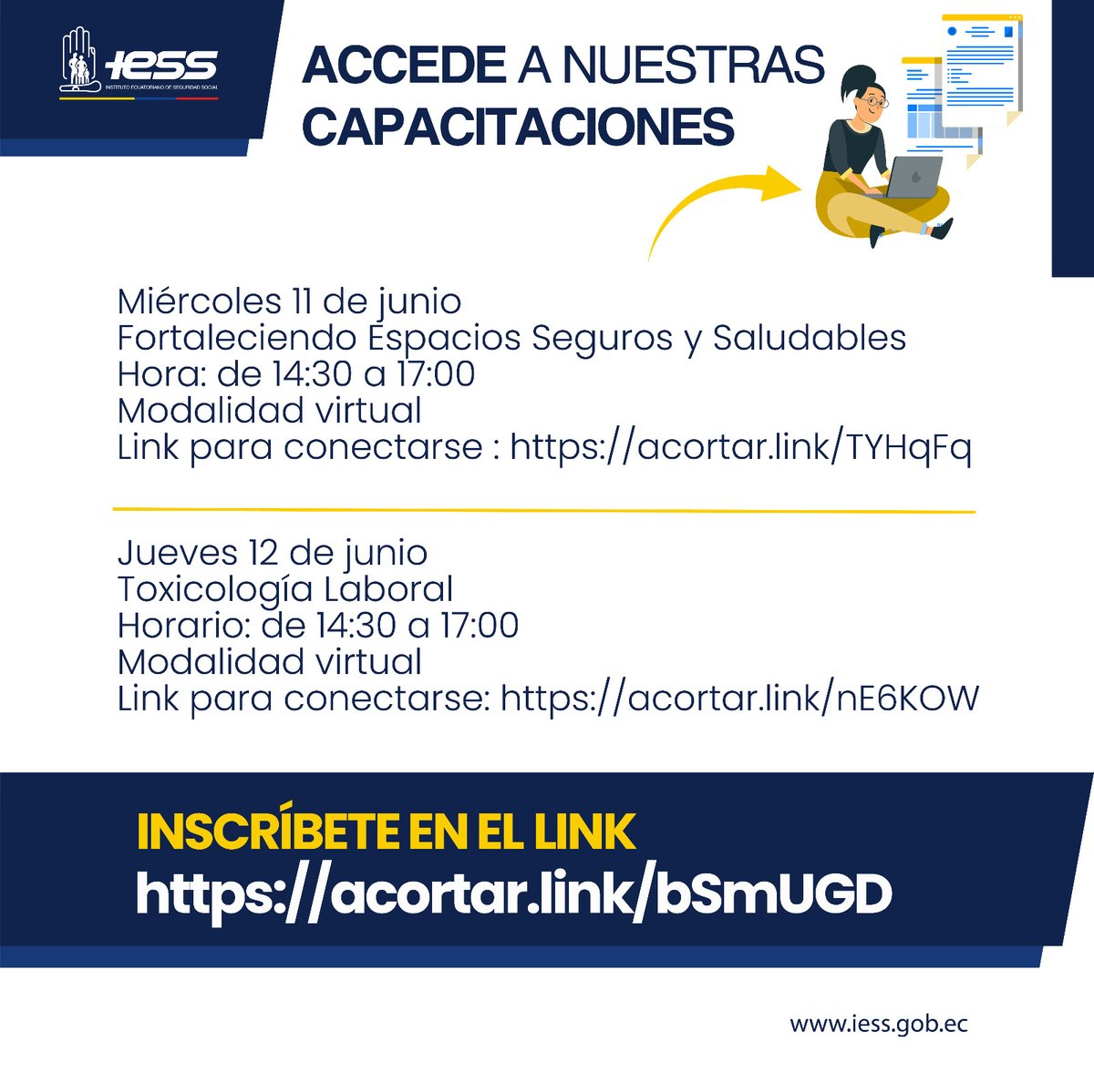 #IESSteInforma | La Coordinación Provincial de Riesgos del Trabajo del <a href="/IESSGuayas/">Dirección Provincial de Guayas</a> invita a los afiliados, asegurados y empleadores a participar en capacitaciones. 
Las inscripciones 📋se receptan en: acortar.link/bSmUGD 
Aquí ⬇️ más información