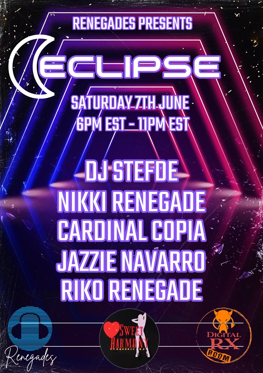 Tonight! Renegades present, ECLIPSE!! Sat June 7th starting at 6pm ET head over to Eclipse for EDM night! Hot music by <a href="/Stefano39337800/">DJStefDE</a> , <a href="/renegade_nikki/">Nikki Renegade 3dx</a> <a href="/copia3dx/">CardinalCopia3dx NSFW</a> , <a href="/JazzSweetness/">Jazz</a> , and Riko Renegade!
#drx #3dxchat #3dxchatgame