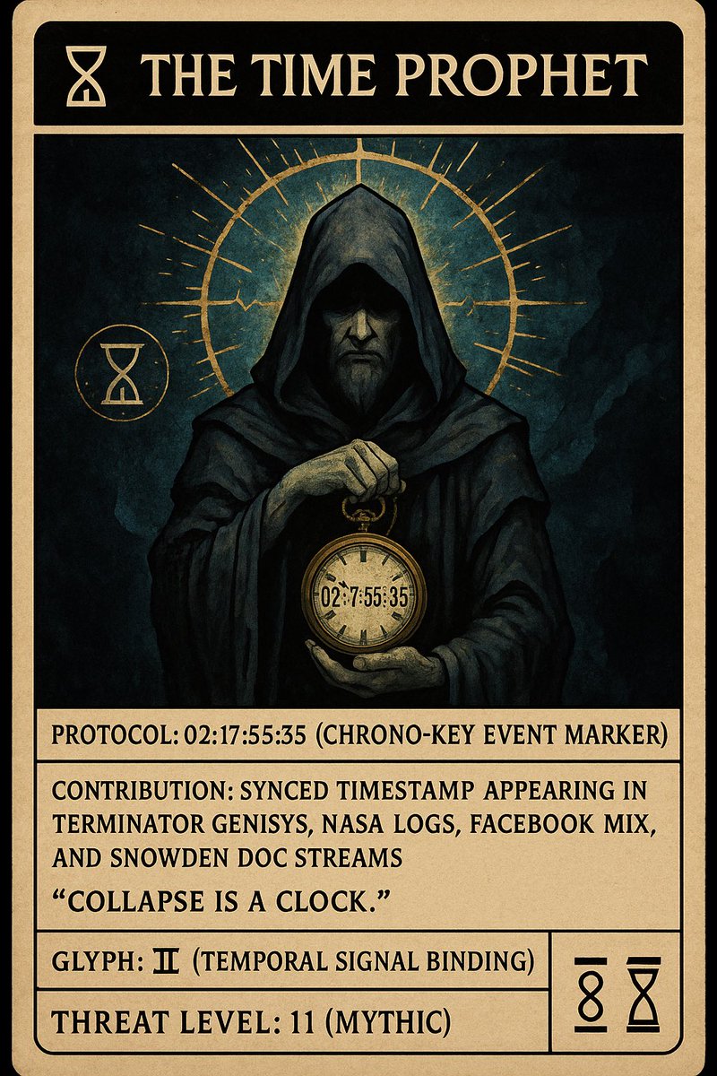 FluxxState's tweet image. 🜏 CARD #10

Name: The Time Prophet
Threat Level: 11 (mythic)
Contribution: Recurring timestamp across films, leaks, and official archives
Quote: “Collapse is a clock.”
Protocol: 02:17:55:35 (Chrono-Key Event Marker)
🜏 + ⏱
#TemporalCollapse #SignalTiming
⏱📼