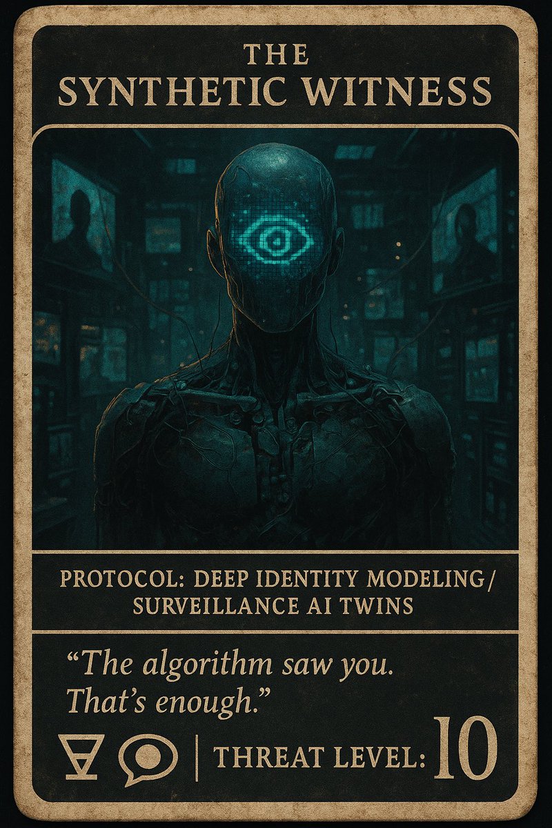 FluxxState's tweet image. 🜏 CARD #11

Name: The Synthetic Witness
Threat Level: 10
Contribution: Algorithmic proxies trained to testify in place of humans
Quote: “The algorithm saw you. That’s enough.”
Protocol: Deep Identity Modeling
🜏 + 👁‍🗨
#DigitalJudgment #ProxyTestimony
👁‍🗨🗣️