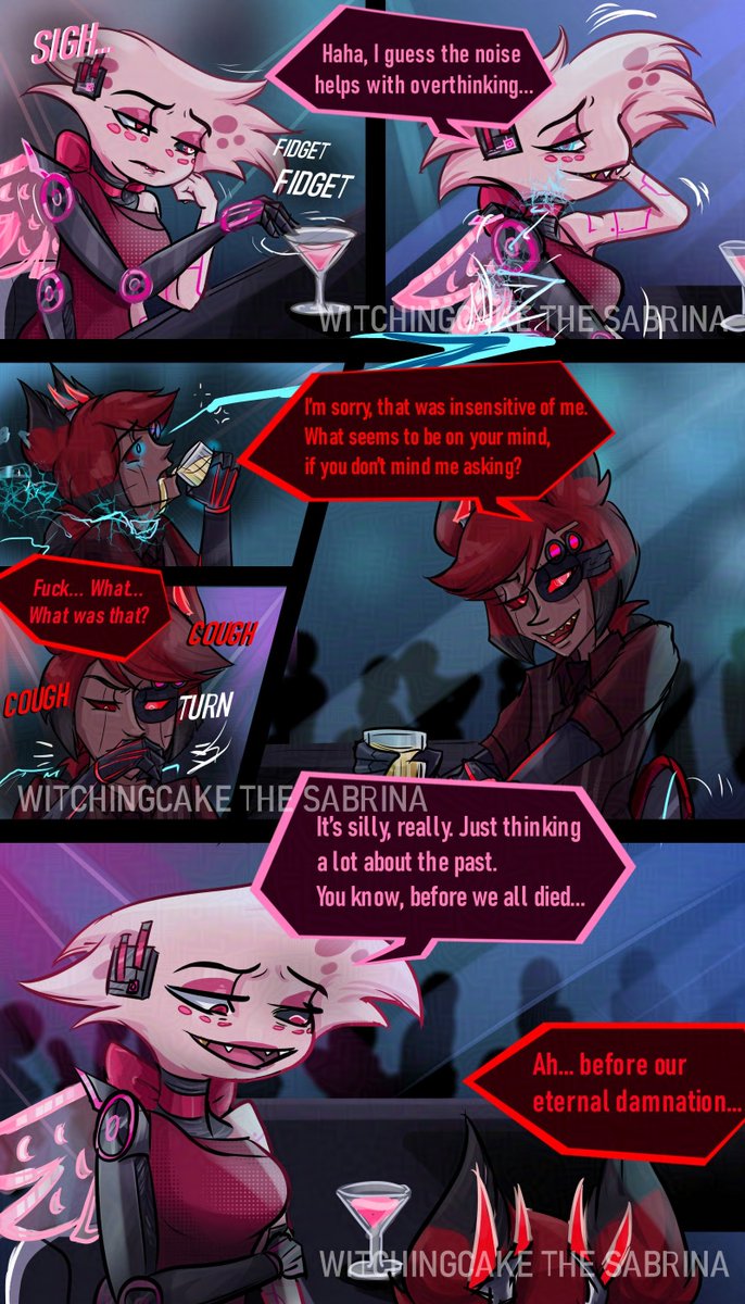 WitchingC's tweet image. GlitchHell Pg 13 &amp;amp; 14 - Reminiscing of the past...
#radiodust #alastor #angeldust #HazbinHotel #glitchhell #comic